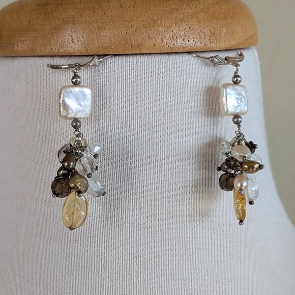 Long Sterling Cha-Cha Dangle Earrings with Golden Gemstones and Pearls - Picture 4 of 10